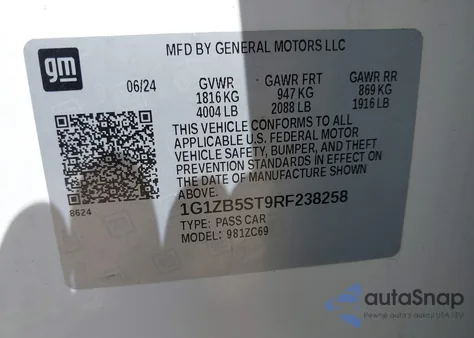 2024 Chevrolet Malibu Fwd Ls z USA, uszkodzony, nr VIN 1G1ZB5ST9RF238258